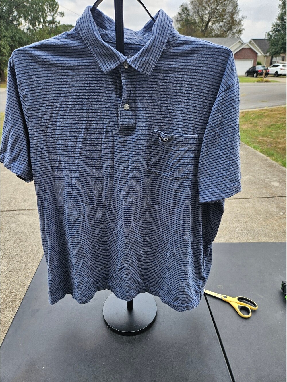 Vineyard Vines Shirt Men's Large Navy Striped Classic Fit Pima Cotton Polo